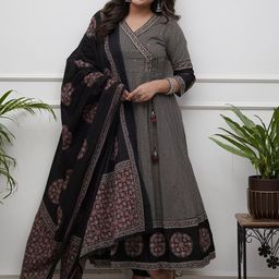 NIZA FASHION Chevron Printed Pure Cotton Anarkali Kurta With Trouser And Dupatta-10