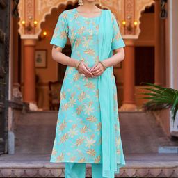 VIBE VISION Floral Printed Round Neck Straight Kurta with Trousers & Dupatta-image-53