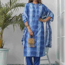 House of Pataudi Geometric Printed Straight Kurta Trousers With Dupatta-picture-42