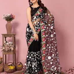 HERE&NOW Floral Embroidered Net Saree-image-89