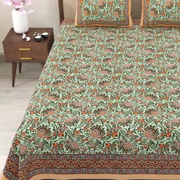 Myntra Elegant Homes Orange & Green Floral 180 TC King Bedsheet with 2 Pillow Covers-picture-37