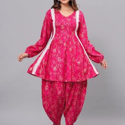 Royal Marque Floral Printed V-Neck Puffed Sleeves A-Line Kurti With Dhoti Pant-image-7