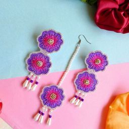 Sangria Purple Gold-Plated Artificial Beaded Floral Boho Bridal Maang Tika And Earrings-57