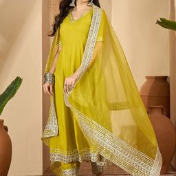 Sangria Women Solid Anarkali Kurta with Churidar & Dupatta-picture-31