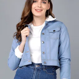 MONTREZ Colourblocked Spread Collar Crop Cotton Denim Jacket-picture-43