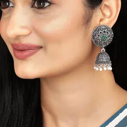 Rubans Silver-Plated Oxidised Stone Studded & Pearls Beaded Jhumkas-9