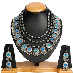 Oxidized Heaven Sterling Silver-Plated Stone-Studded & Beaded Jewellery Set-picture-5