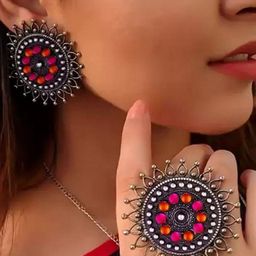 Oxidized Heaven Silver-Plated Stone Studded Jewellery Set-image-33