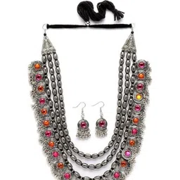 Oxidized Heaven Sterling Silver-Plated Stone Studded & Beaded Jewellery Set-picture-21
