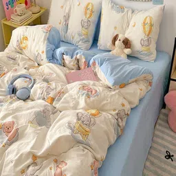 JC HOME Blue & White Cartoon Characters Polycotton 3 Piece Double King Regular Bedding Set-49