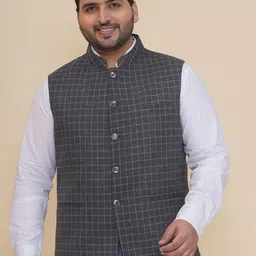 John Pride Men Plus Size Regular Fit Checked Nehru Jacket-15