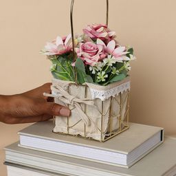 Bonhomie Pink Faux Flower Bouquet Basket Showpieces-image-69