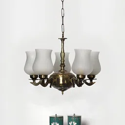 Devansh White & Gold-Toned Glass shade with Antique Golden Chandelier Ceiling Lamp-image-9