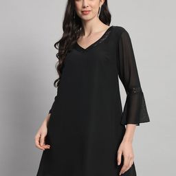 Curvydrobe Women Bell Sleeve Georgette A-Line Dress-image-82