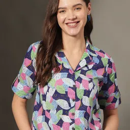 JANAKDULARI CREATION Floral Print Roll-Up Sleeves Cotton Shirt Style Crop Top-image-95