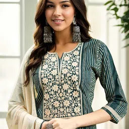 Anouk Women Striped Panelled Thread Work Pure Cotton Kurta with Palazzos & With Dupatta-picture-1
