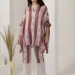 Pink and Red Powerful Printed Shirt Collar Linen Kaftan Top With Trouser-image-41