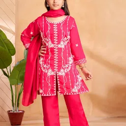 Sangria Girls Pink Pure Silk Kurta Sets-image-114
