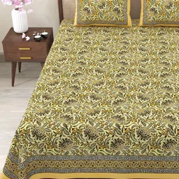 Myntra Elegant Homes Green & Yellow Floral 180 TC King Bedsheet with 2 Pillow Covers-picture-38