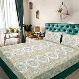 KLOTTHE Green & Brown Ethnic Motif Printed 300 TC King Double Bedsheet Set 2.50 x 2.25 m-7