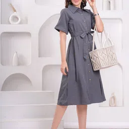 JC4U Women Shirt Collar Cotton Fit & Flare Midi Dress-image-23