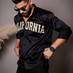 Foomer Men Standard Fit Spread Collar Typography Printed Satin Casual Shirt-image-102
