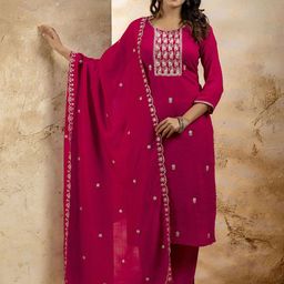 VredeVogel Ethnic Motifs Embroidered Round Neck Straight Kurta With Trousers And Dupatta-31
