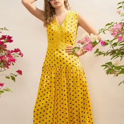 CORSICA Lace-Insert Detail Polka Dot Print Midi Drop-Waist Dress-image-36