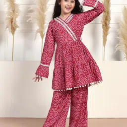 Sangria Girls Maroon Bandhani Printed Angrakha V-Neck A-Line Kurta With Trousers-image-94