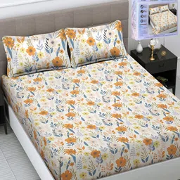 FABINALIV White & Orange Floral 300 TC King Bedsheet with 2 Pillow Covers-image-59