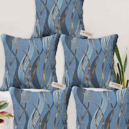 Blue Grass Blue & Gold-Toned 5 Pieces Abstract Printed Velvet Square Cushion Covers-image-81