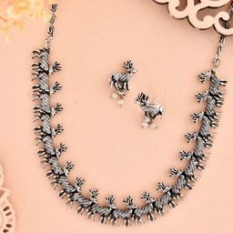 VOJ Rhodium-Plated Stainless Steel Beaded Studded Deer Oxidized Jewellery Set-16