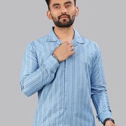 SURHI Men Comfort Fit Vertical Striped Cuban Collar Cotton Casual Shirt-image-83