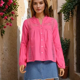 CHIC BY TOKYO TALKIES Self Design Mandarin Collar Cotton Top-picture-35