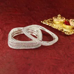 ZULKA Set Of 4 Silver-Plated Zircon Diamond Stone-Studded Square Shaped Bangles-18