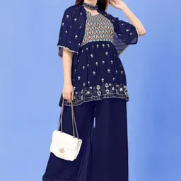 PARROT CREATION Floral Embroidered V-Neck Sequinned A-Line Kurti With Palazzo And Cape-8