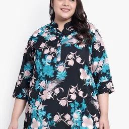 Indietoga Floral Print Mandarin Collar Crepe Shirt Style Top-image-66