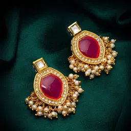Anouk Gold-Plated Kundan studded & Pearls Beaded Contemporary Drop Earrings-16