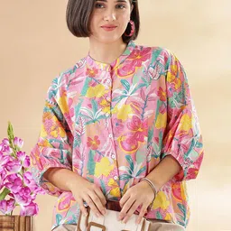 Anouk Floral Print Mandarin Collar Puff Sleeve Cotton Top-image-43