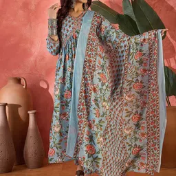 Sangria Floral Embroidered & Printed Pure Cotton Anarkali Kurta & Trousers With Dupatta-picture-49