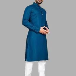VINAARI Men Solid A-line Kurta (Blue)-image-18