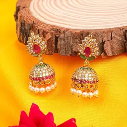 TANAIRA Gold Plated AD Studded And Pearls Beaded Dome Shaped Jhumkas-image-23