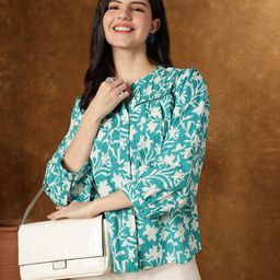 KALINI Floral Print Mandarin Collar Puff Sleeve Cotton Shirt Style Top-49