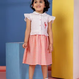 Budding Bees Girls Checked Peter Pan Collar Flutter Sleeve Schiffli Fit & Flare Midi Dress-image-29