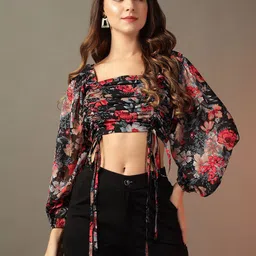 Trend Arrest Floral Print Puff Sleeve Georgette Crop Top-94