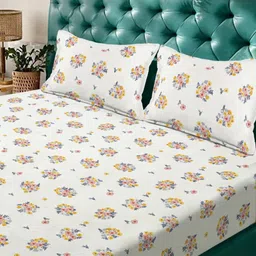 KLOTTHE Cream-Coloured & Yellow Floral Printed 300 TC King Bedsheet Set 2.50 x 2.25 m image 5