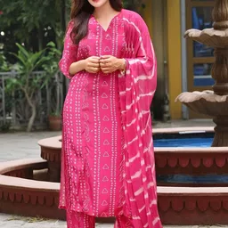GoSriKi Bandhani Printed V-Neck Straight Kurta & Palazzos With Dupatta-18