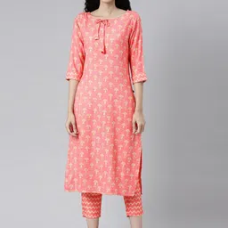 Samhitas Floral Printed Tie-Up Neck Straight Kurta With Trousers-9