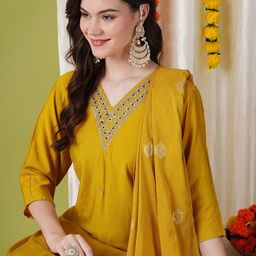 Moda Rapido Women Ethnic Motifs Embroidered Regular Kurta with Trousers & With Dupatta-picture-33