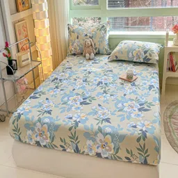 JC HOME Cream-Coloured & Blue Floral Pure Cotton 220 TC Queen Bedsheet Set 1.50 m x 2 m-image-30